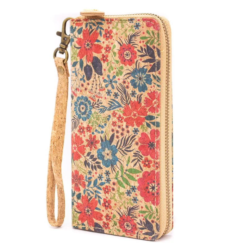 Natural cork with flower pattern zipper women wallet