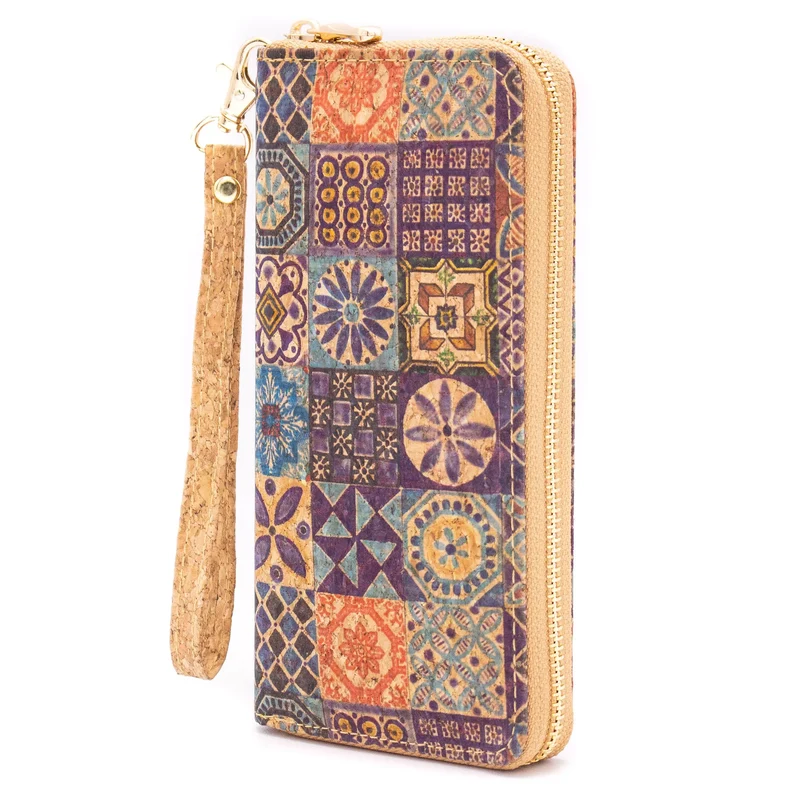 Ceramic tile pattern natural cork with zipper wallet